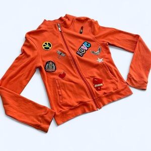 Wet Seal Large Orange Knit 100% Cotton Full Zip-up Vintage Y2K Jacket Patches